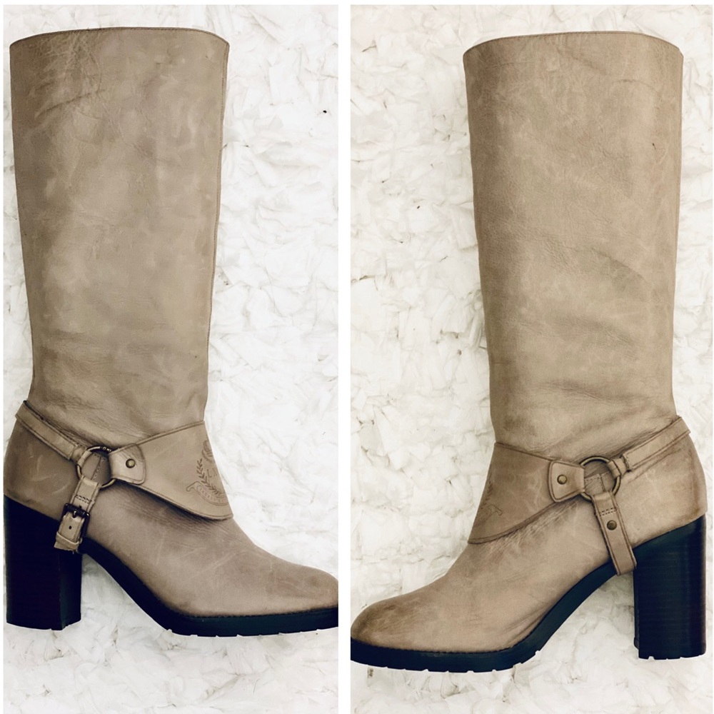 Lauren Ralph Lauren Delsa Taupe Gray Burnished Leather Riding Boots Size 8,5 - Picture 2 of 14